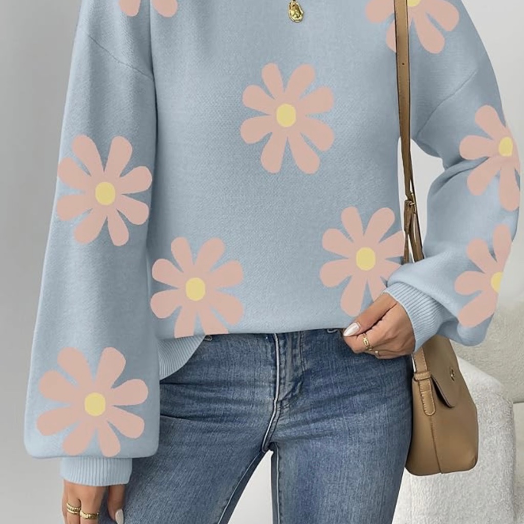 New Women’s Oversized Sweater Pullover Retro Lantern Knit Blue Pink Flower Xl — image 3 of 5